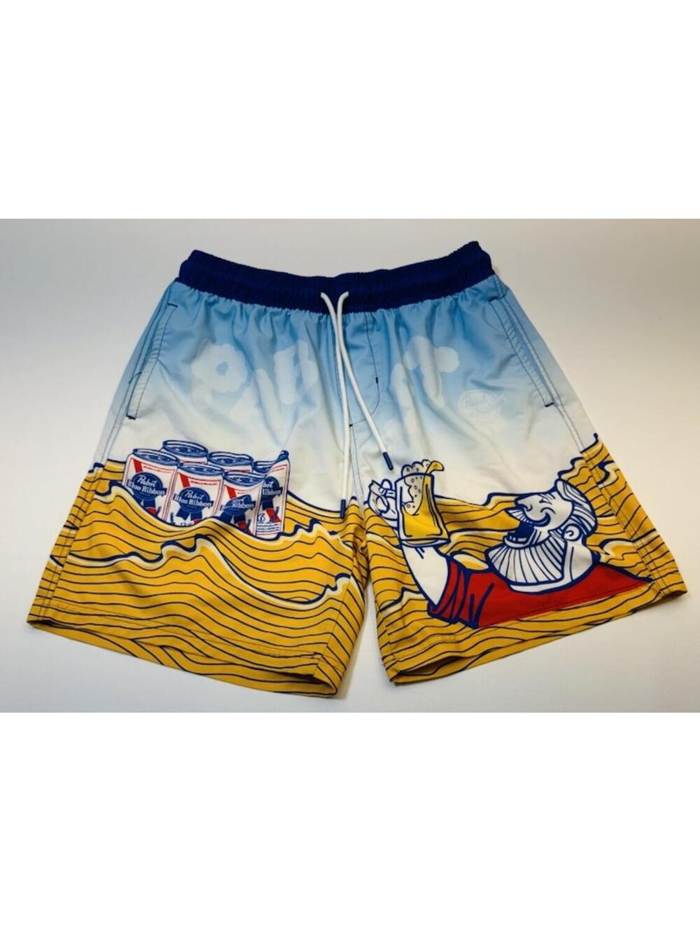 Pabst Blue Ribbon Graphic Swim Trunks Board Shorts Size L 36/38 Blue Yellow 9968